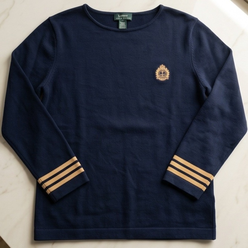 Vintage Lauren Ralph Lauren M  Admiral Sweater Navy Blue Cotton Nautical Crest